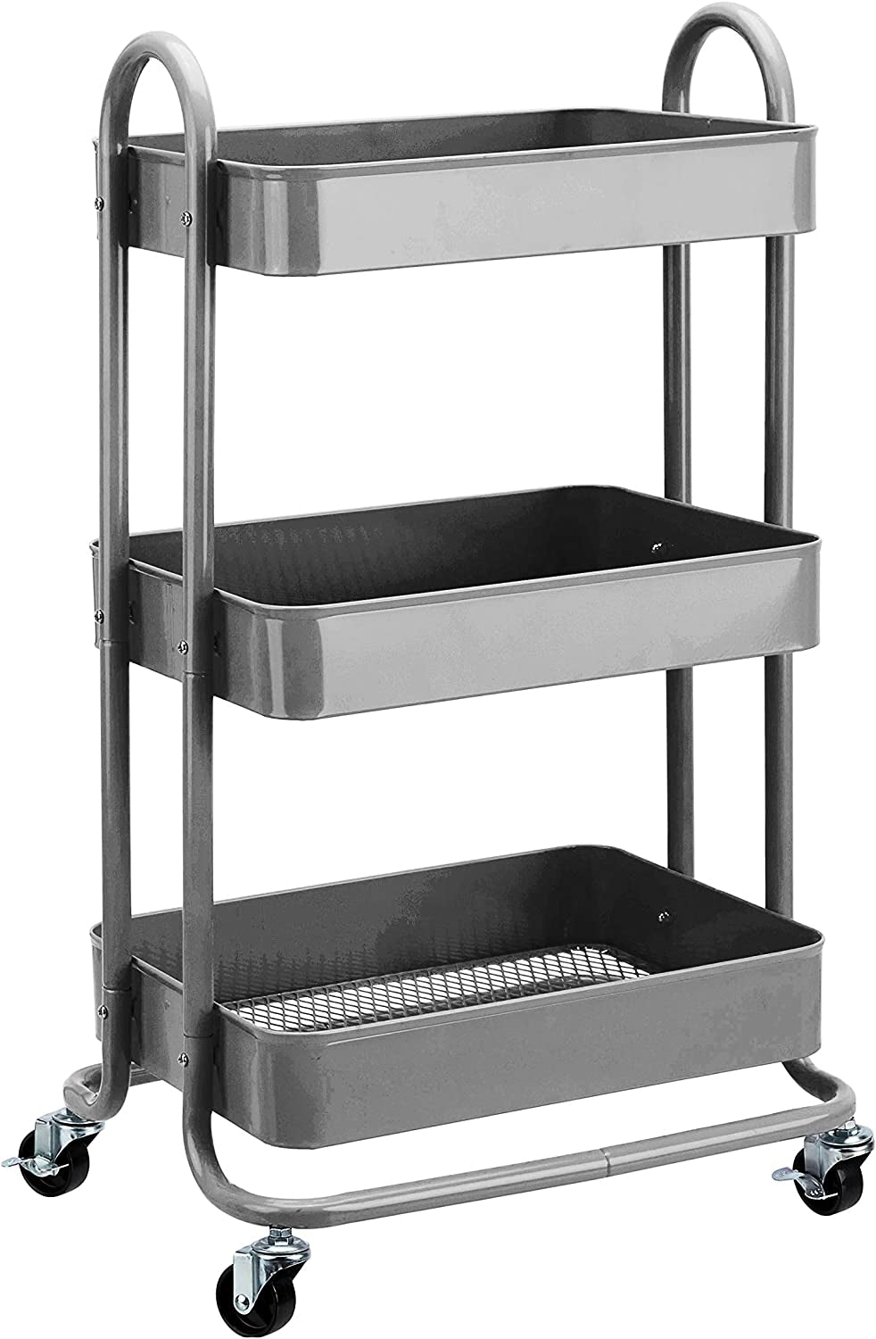 Gray three-tier rolling cart on casters shown against a white background, angled slightly to the left.