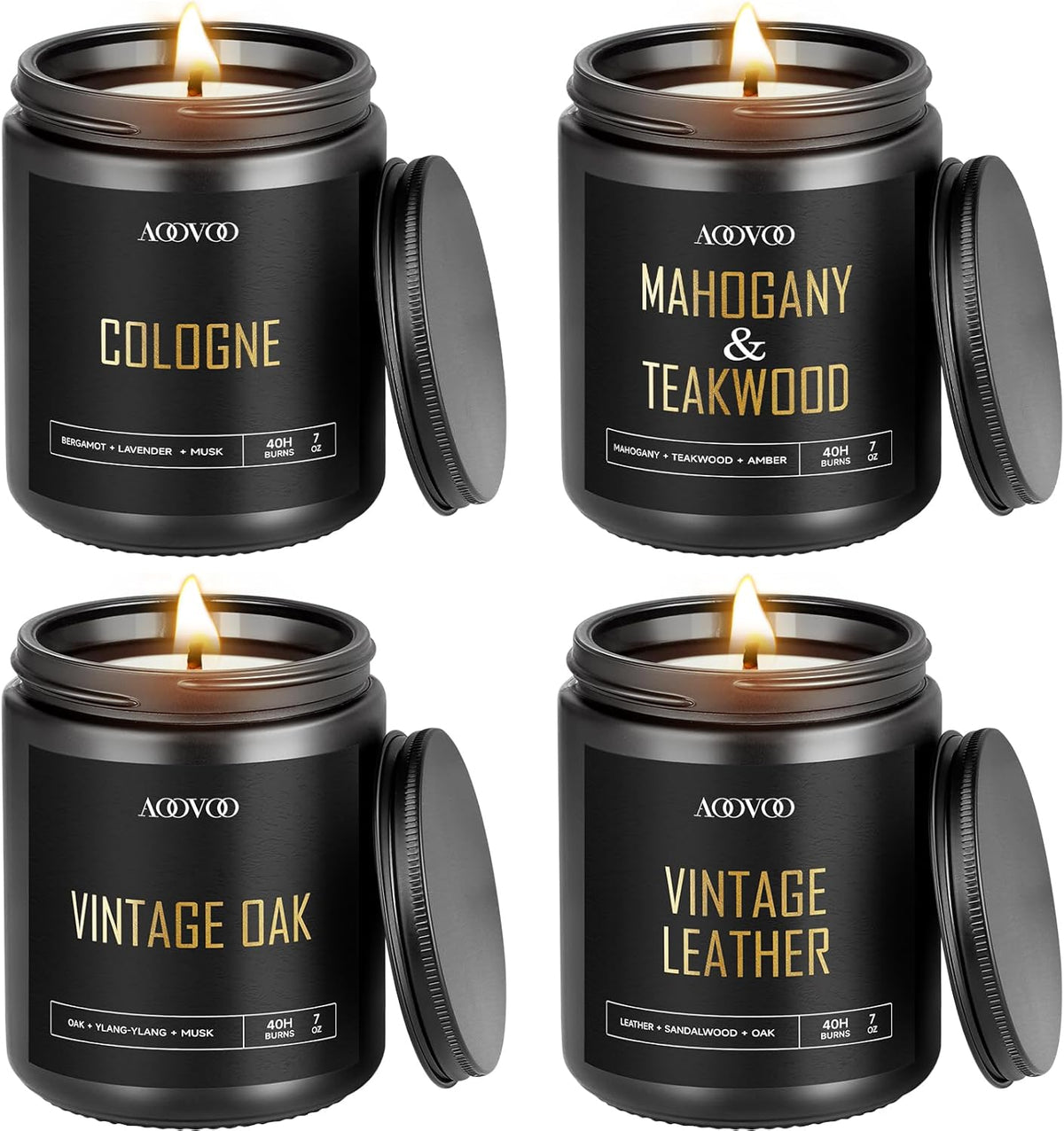 Close-up of four black matte candle jars in a tiled layout with each lid propped beside its jar and flames lit