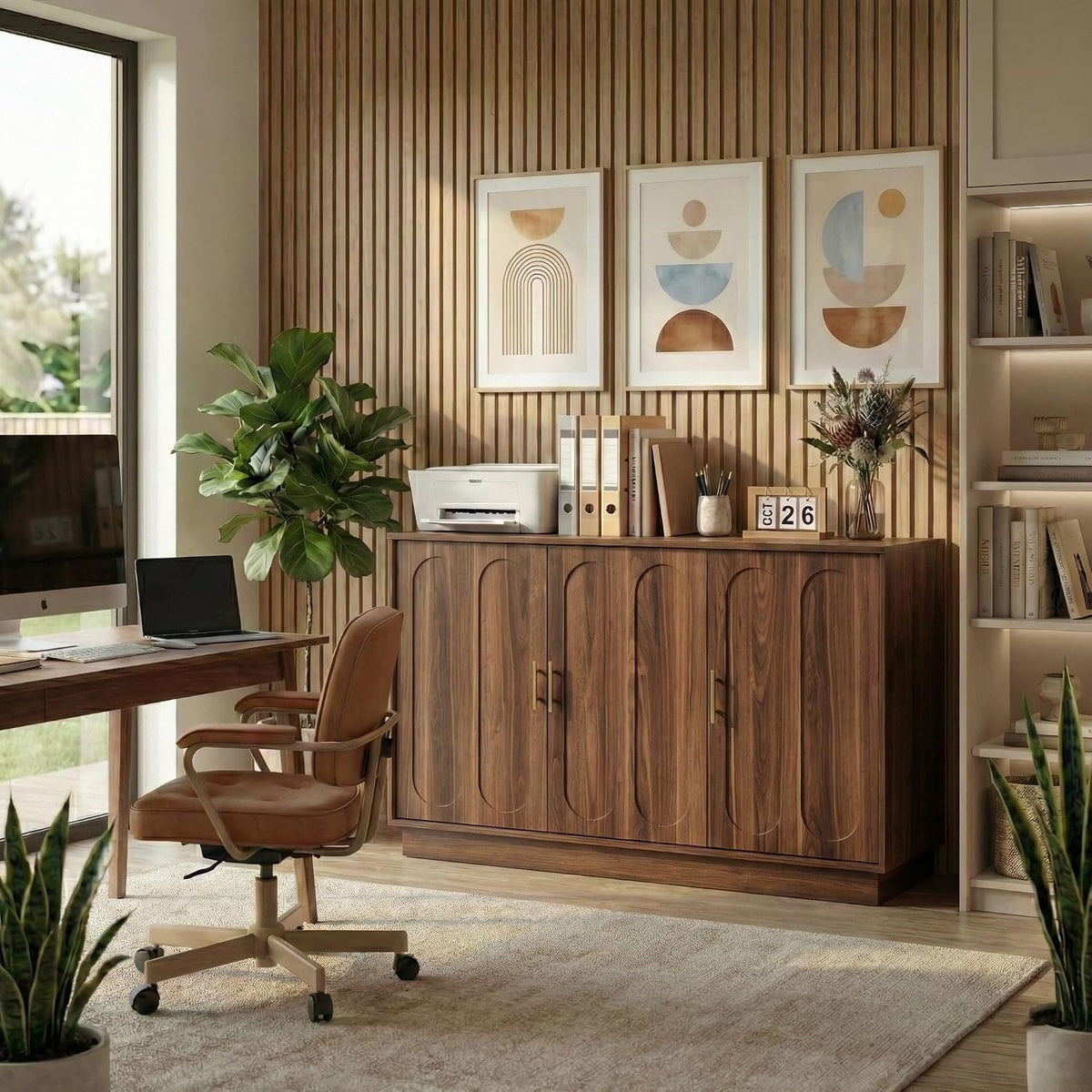 Office corner with rustic brown fluted sideboard against a slatted wood wall and framed art above.