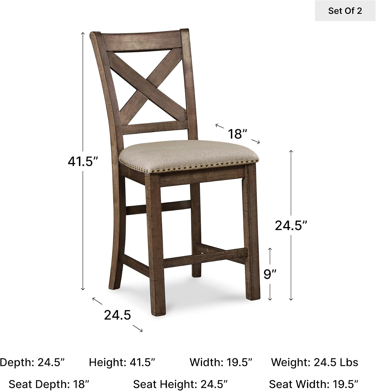 Single counter stool with beige seat and distressed nutmeg finish shown with dimension annotations