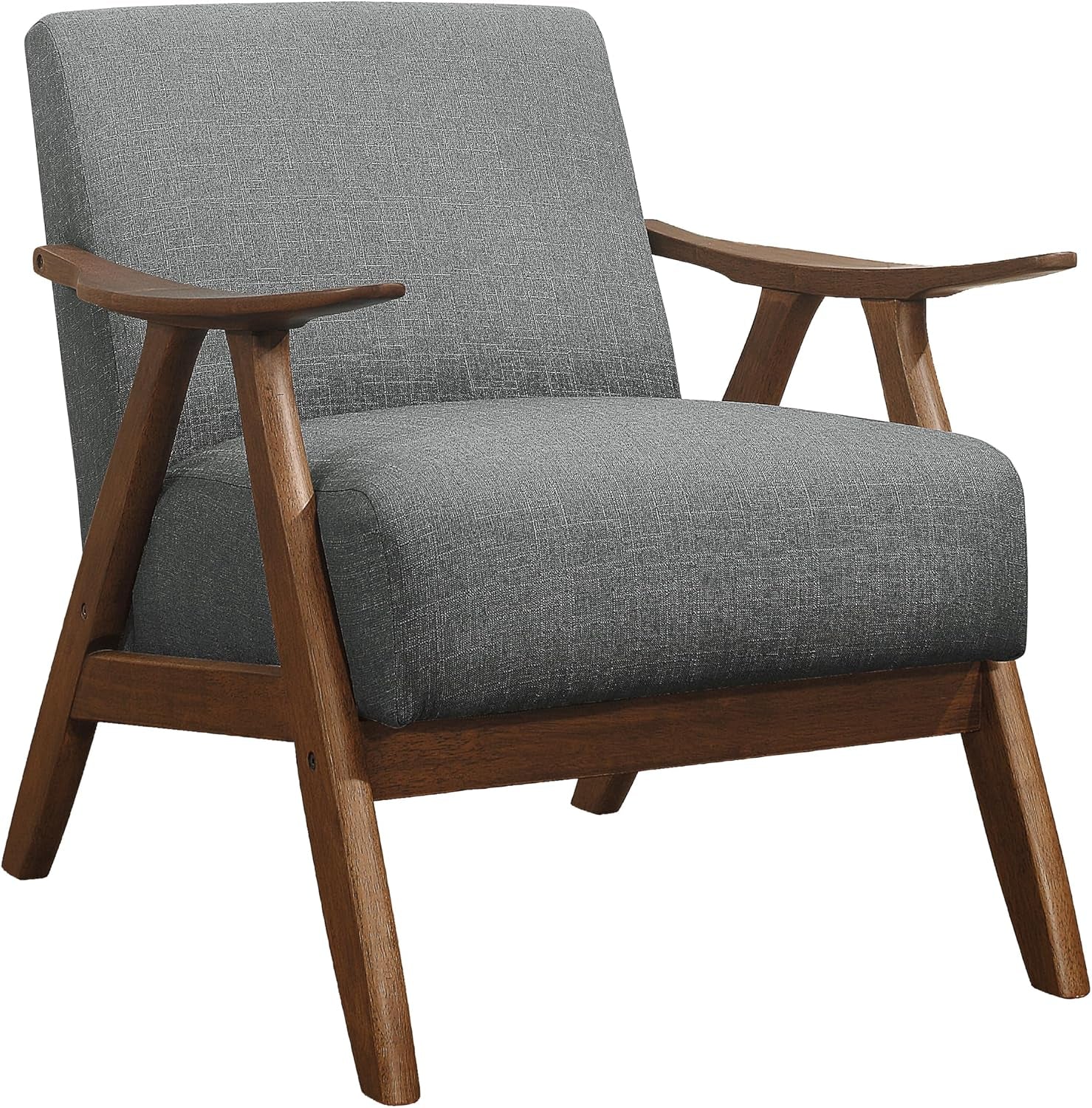 Front three-quarter view of accent chair with gray fabric upholstery and dark walnut wooden frame.