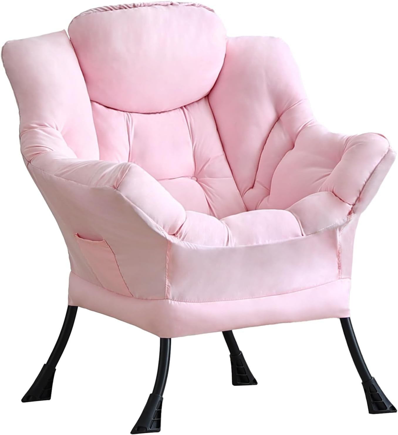 Soft pink padded lounge chair shown from the side highlighting arm and pocket detail.
