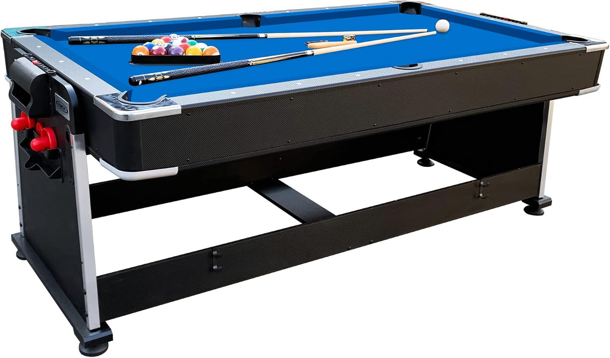 Front-side close view of the pool table showing blue felt, pockets and cue holders on a black frame