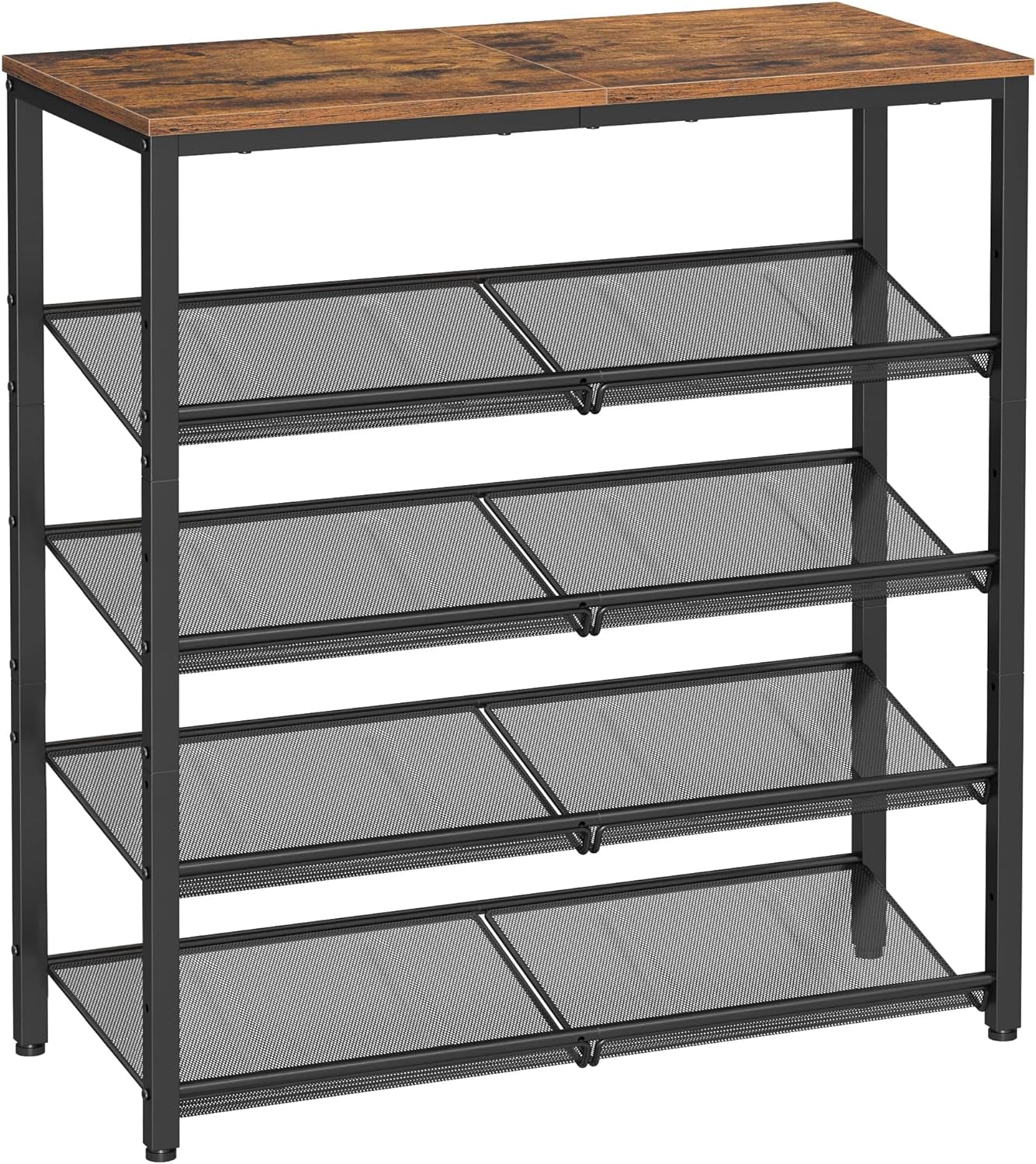 Freestanding shoe rack with rustic wood top and four black mesh shelves shown from the front against a white background