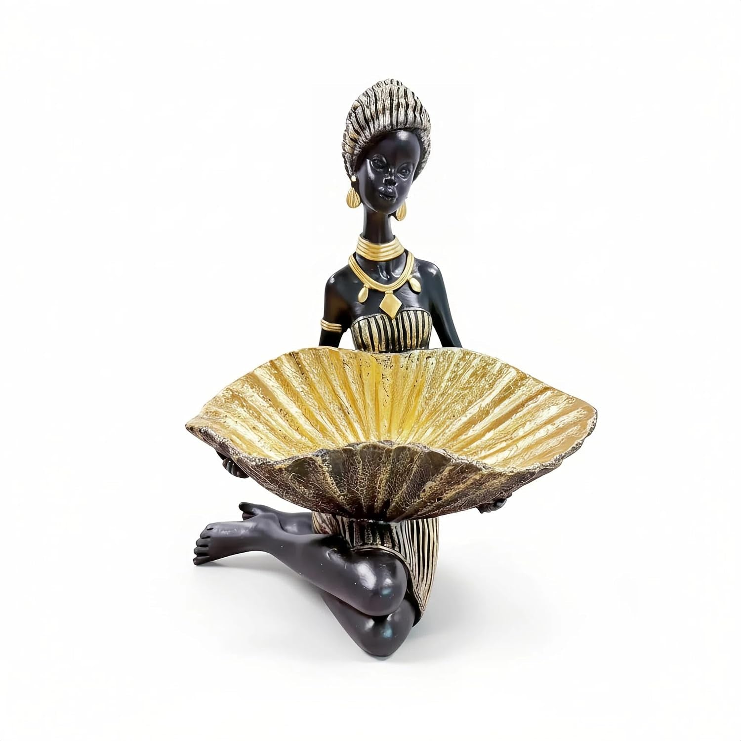 Front view of a kneeling woman figurine presenting a large scalloped leaf tray, black figure with gold interior