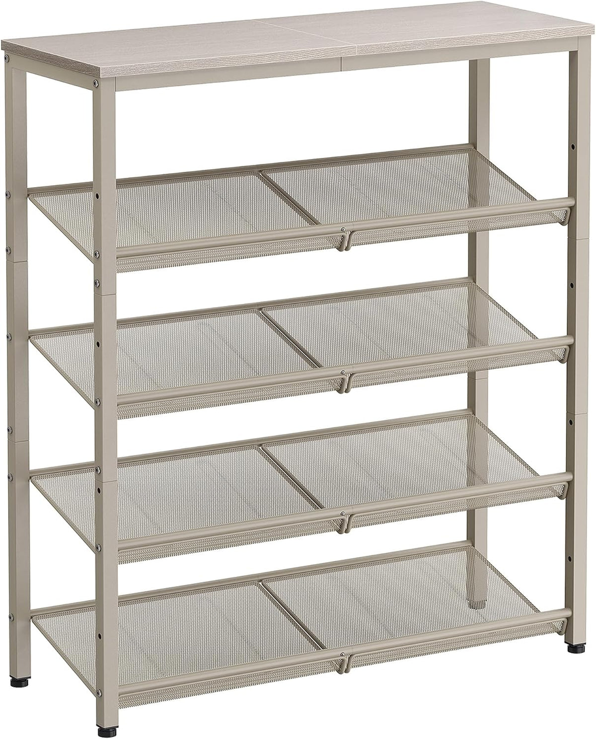 Three-quarter view of a five-tier metal shoe rack in a light beige finish with mesh shelves.