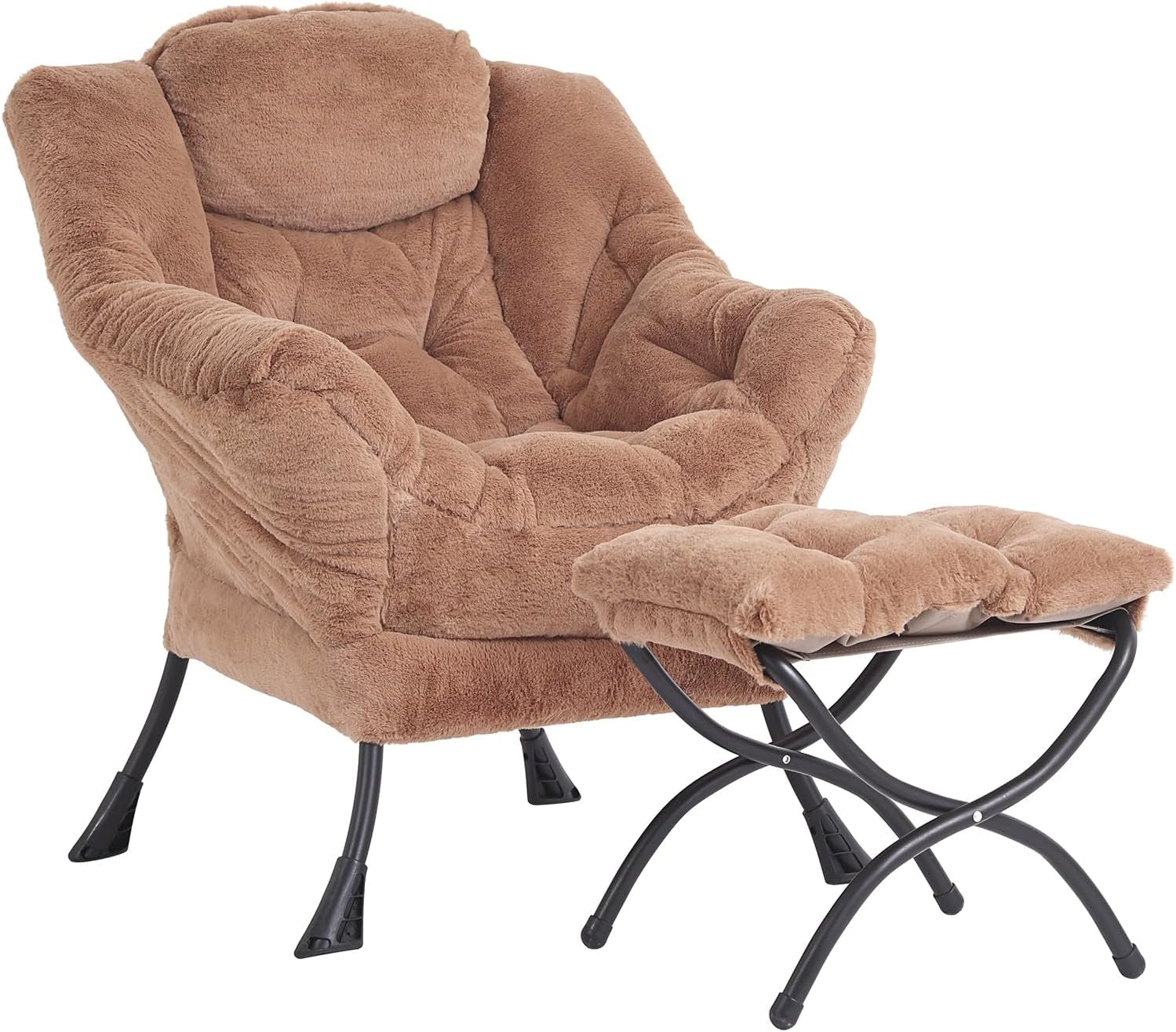 Plush brown cushioned chair with matching tufted ottoman and black curved metal legs
