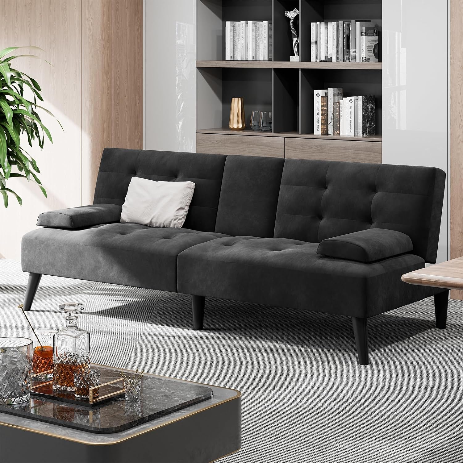 64" Futon Sofa Bed, Velvet Foldable Couch, Reclining Sleeper with Removable Armrests, Upholstered Loveseat Sofa Couch with Folding Cup Holders for Home, Office, Black