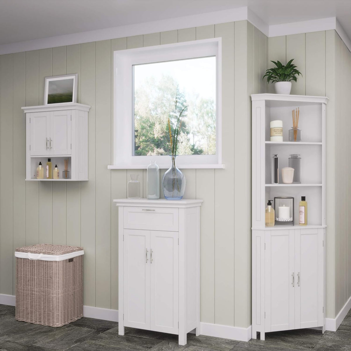 Wall-mounted white two-door cabinet left of a window in a paneled room, with lower cabinet, vases, tall corner shelving and