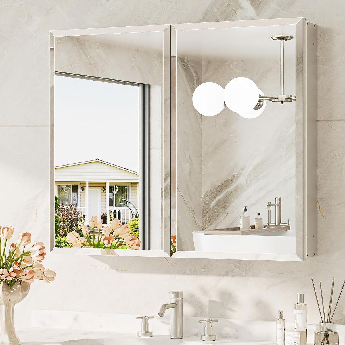 Close side-angle of a recessed mirrored cabinet showing beveled mirror edges and wall reflection.