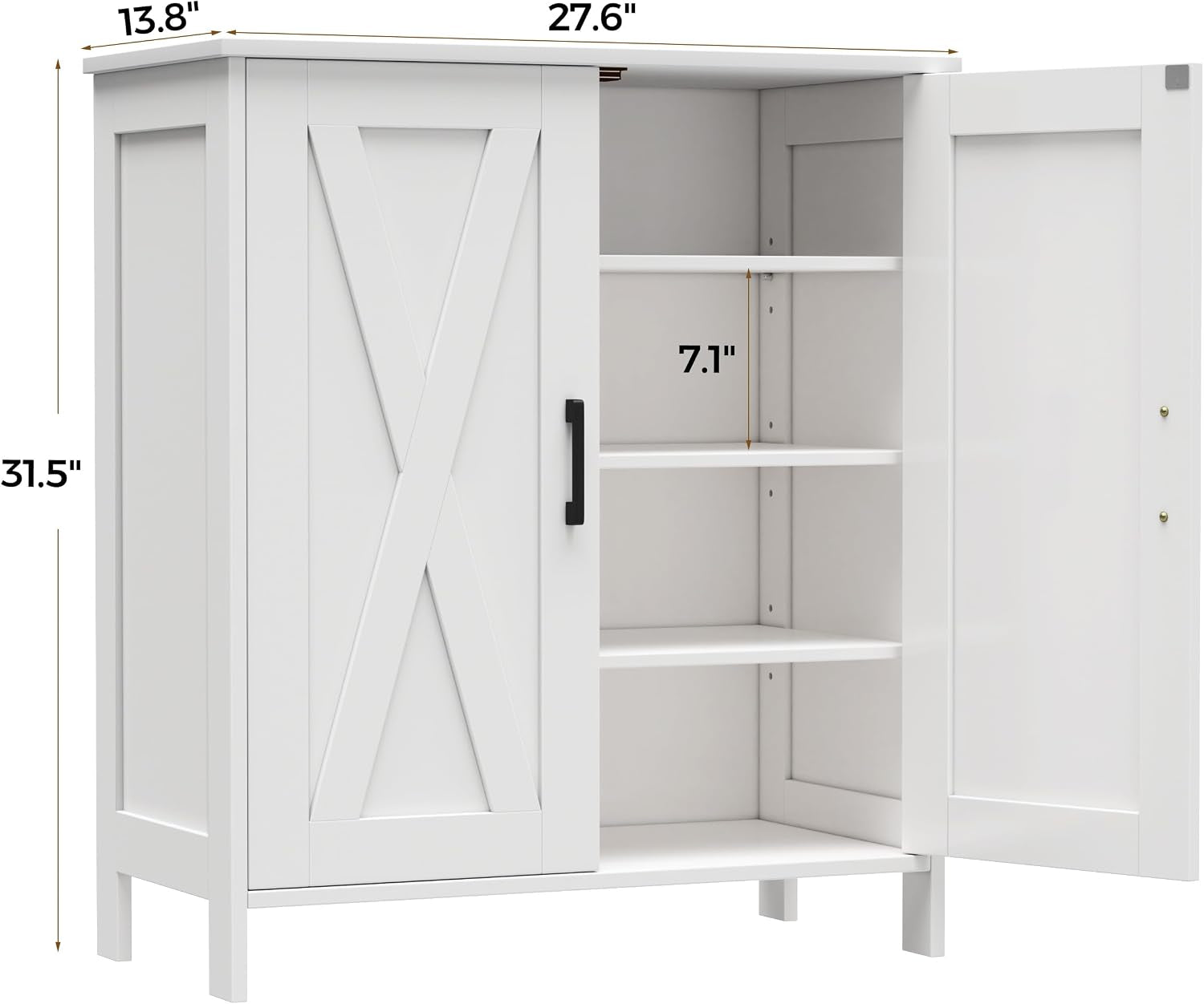 White shoe cabinet front view with doors open showing internal shelves and overlayed product dimensions