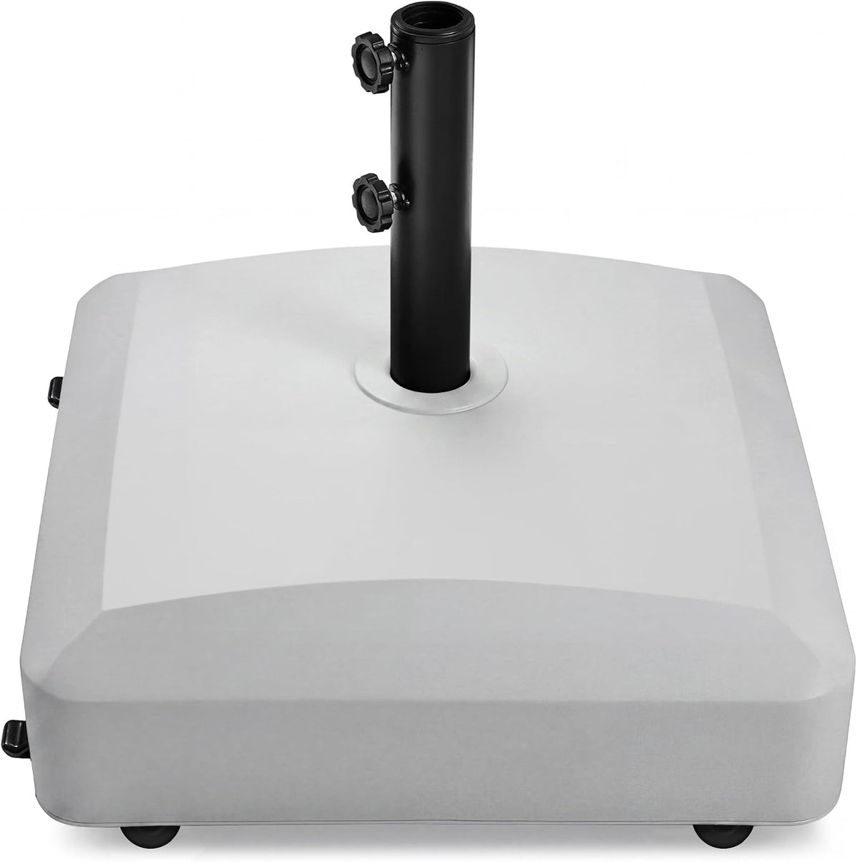 Overhead view of a light gray umbrella base with black pole inserted, wheels visible at the bottom edge.