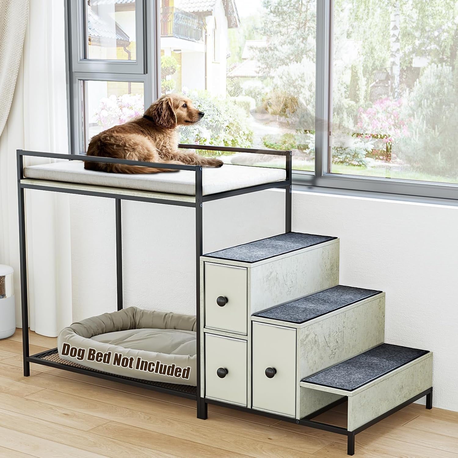 Tall pet bunk by a window with stairs and lower mesh shelf; dog lounges on top rail bed.