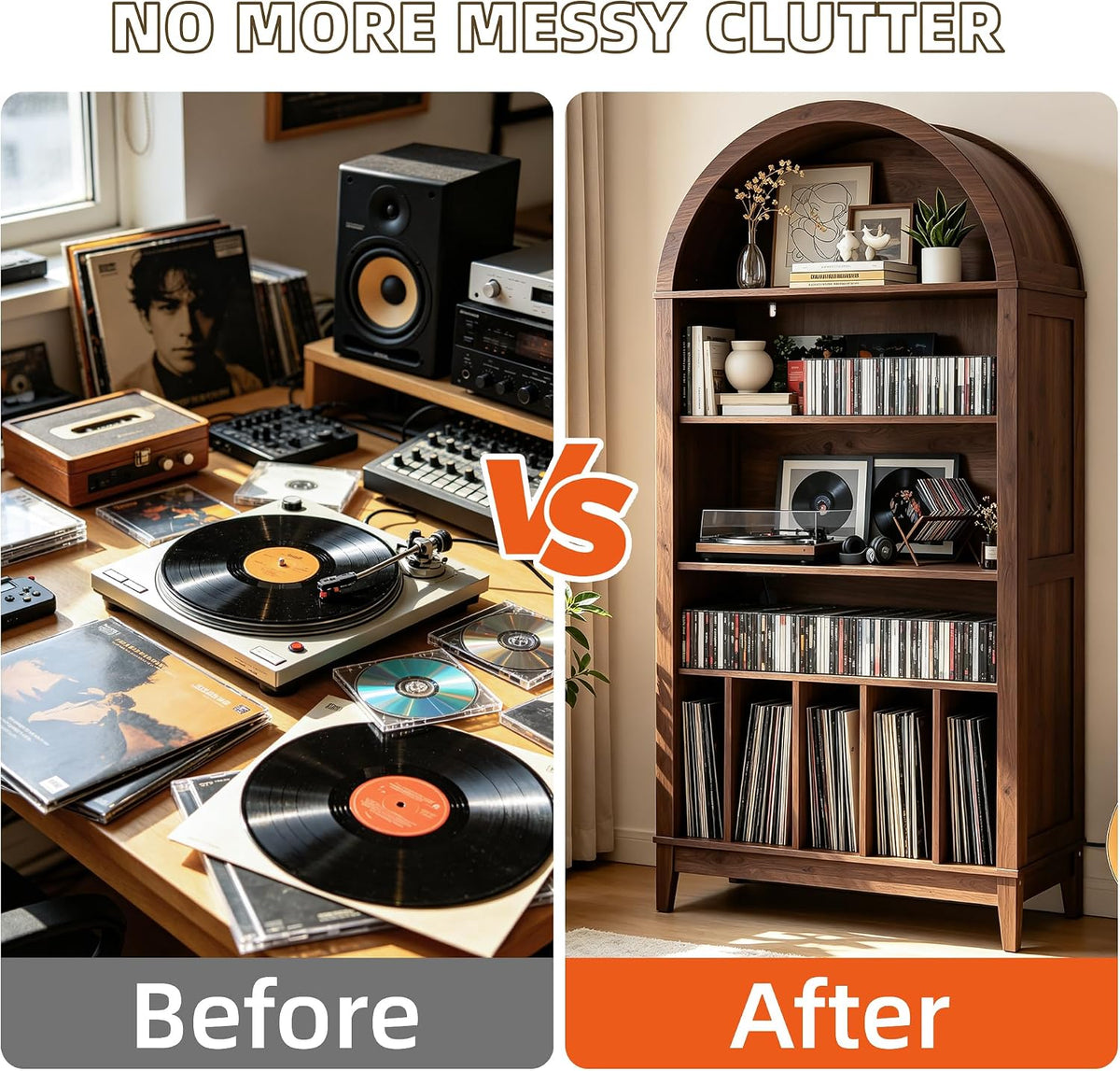 Split image comparing a cluttered desk with turntables to the organized walnut record cabinet storing records neatly.