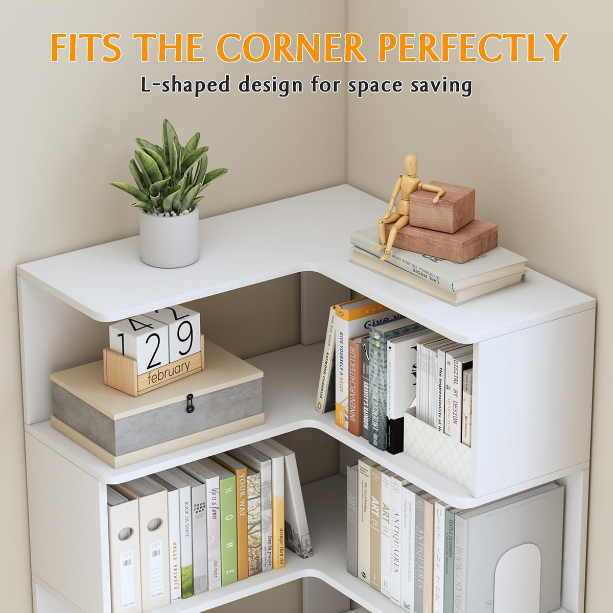 White L-shaped corner shelf close-up showing rounded inner corner and stacked books
