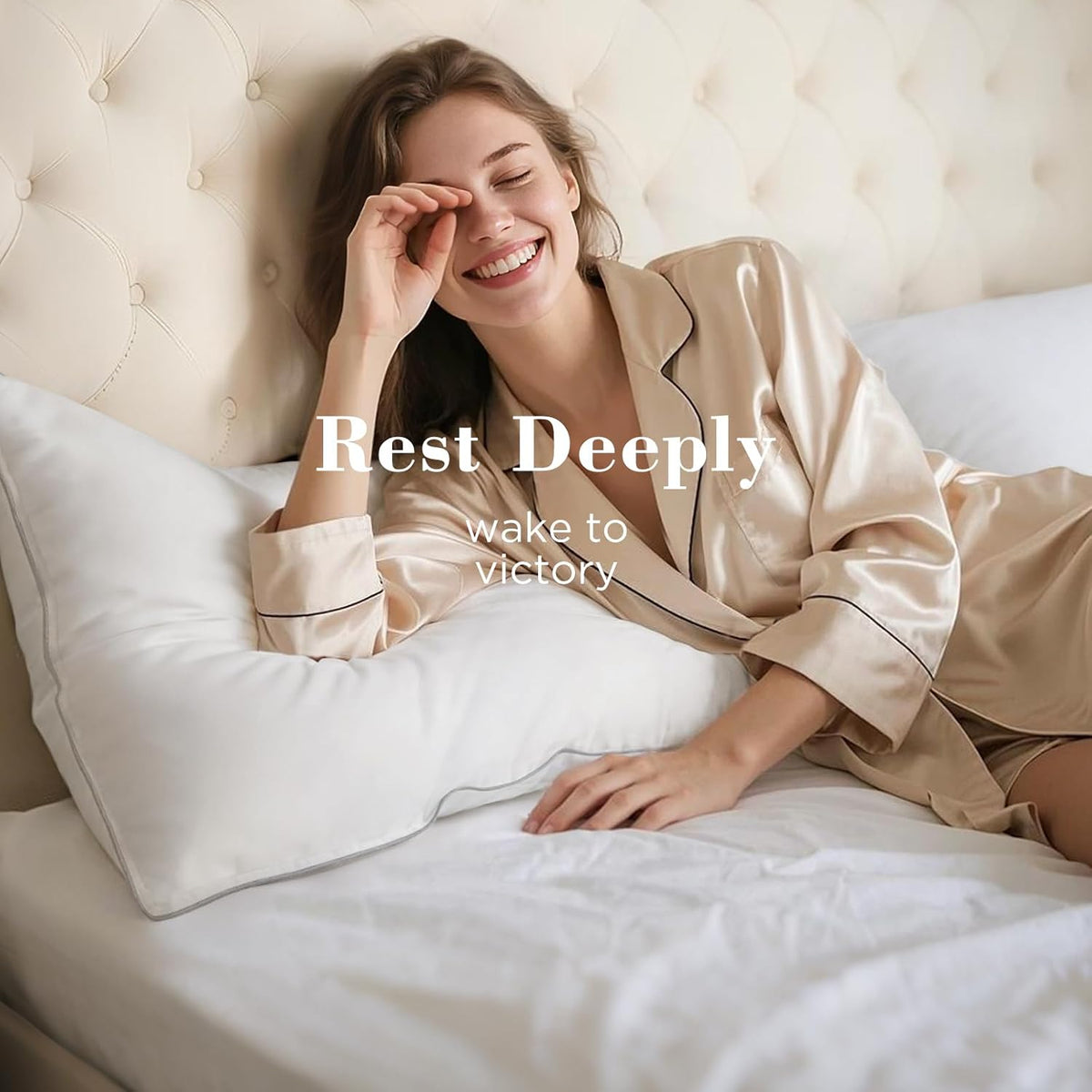 Smiling woman reclining on a white pillow in satin pajamas, showing pillow height and front profile