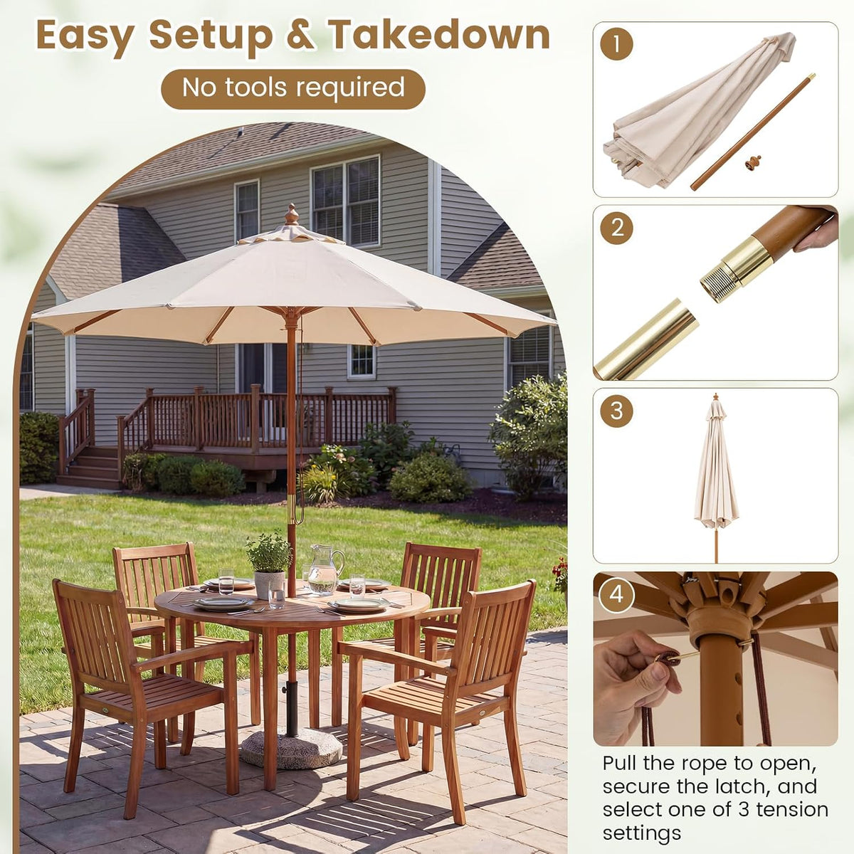 Patio scene showing the umbrella open over a wooden table with inset step-by-step assembly photos at right.