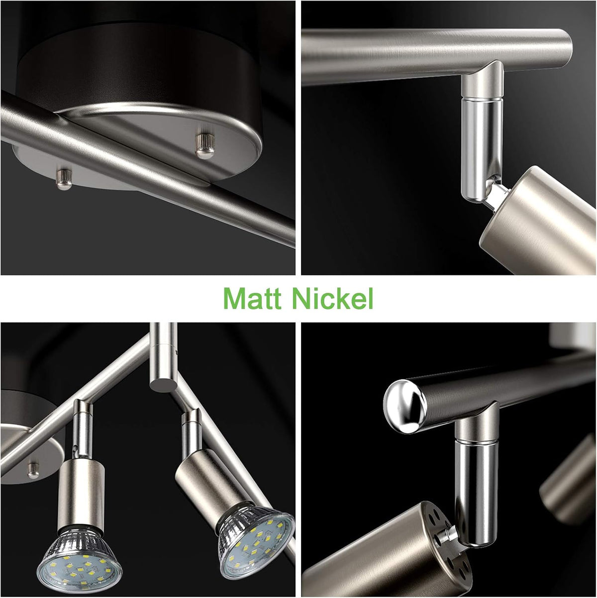 Four close-up detail shots of matt nickel track components and exposed LED lamp sockets