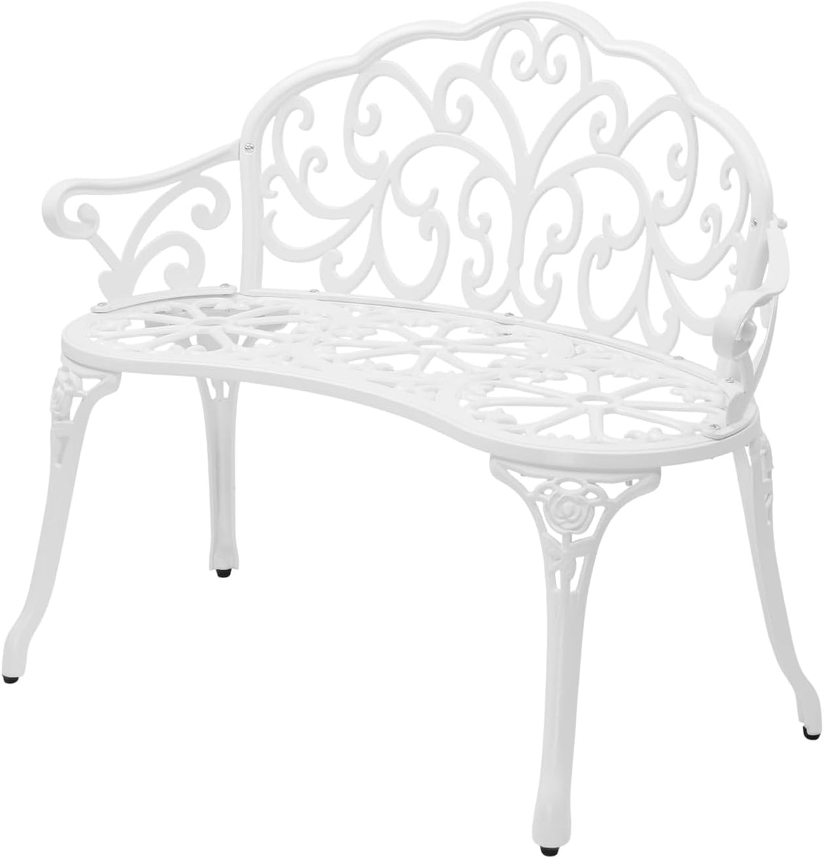 Faded white variant of the decorative metal bench with scrollwork arm and floral back detail.