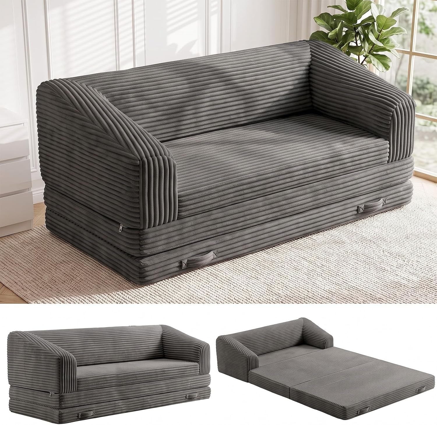 Angled view of a dark gray corduroy loveseat in a bright room with two small images below showing the sofa and its unfolded