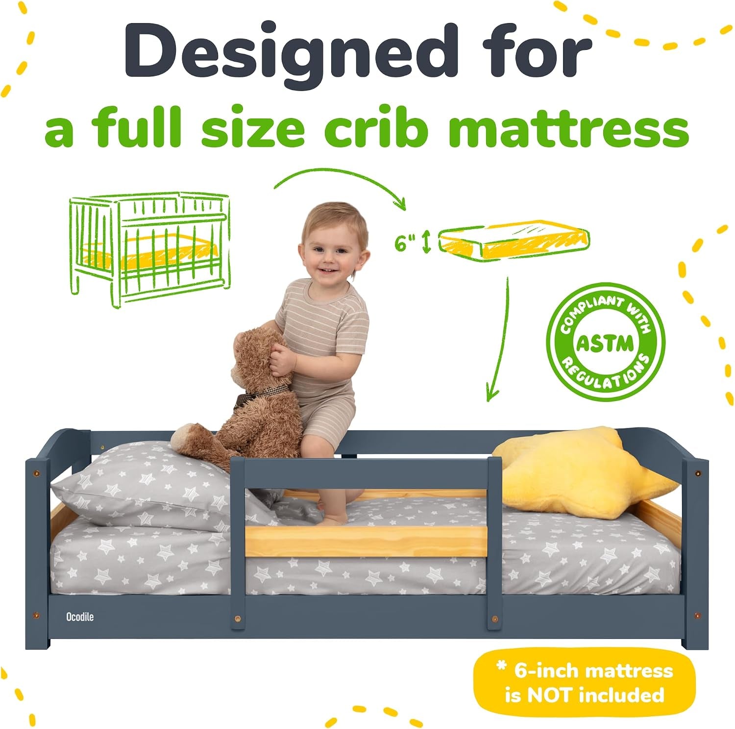 Front view of gray toddler bed with child holding a teddy and illustrations showing crib mattress use.