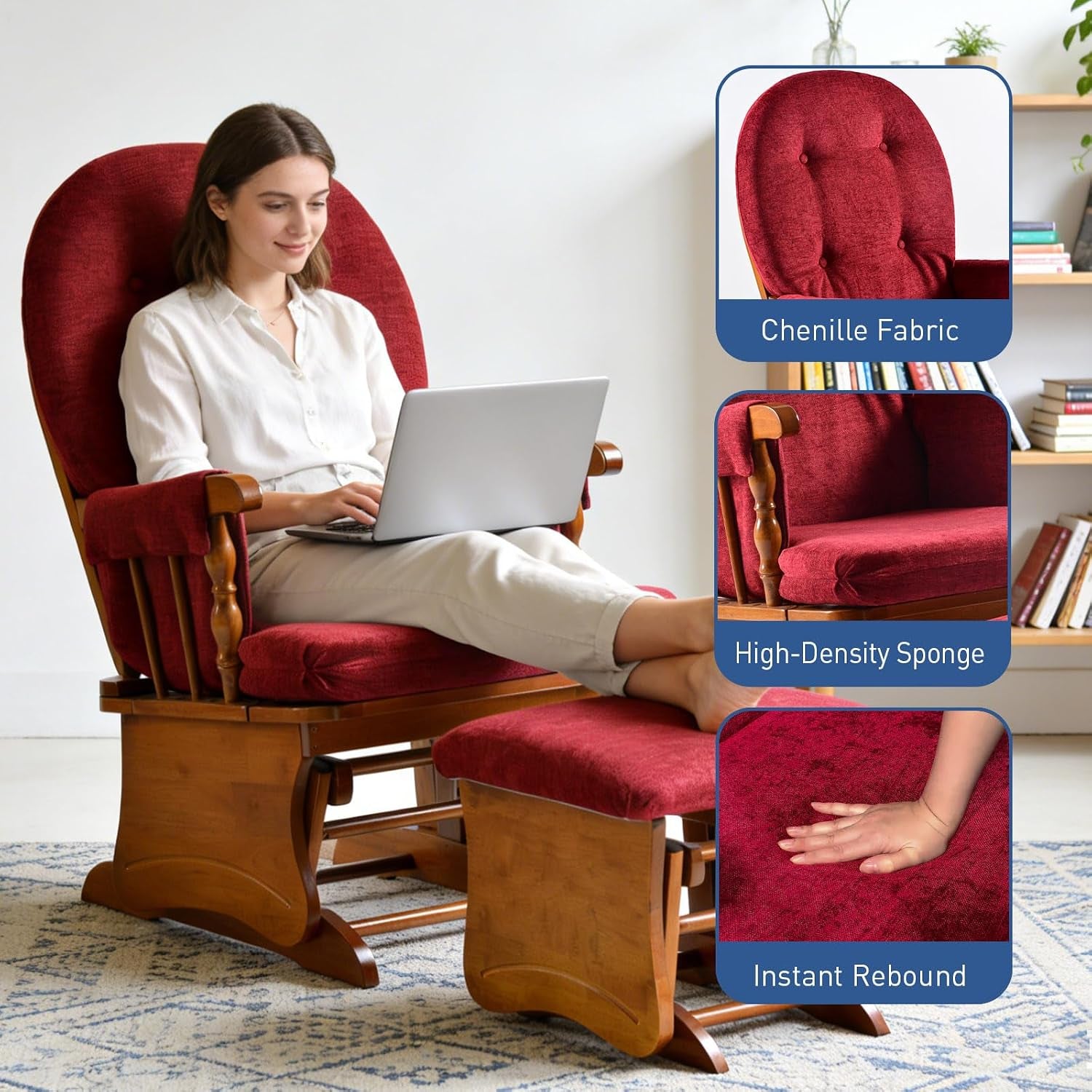 Woman seated in the glider with ottoman, inset boxes show fabric, cushion and rebound detail.