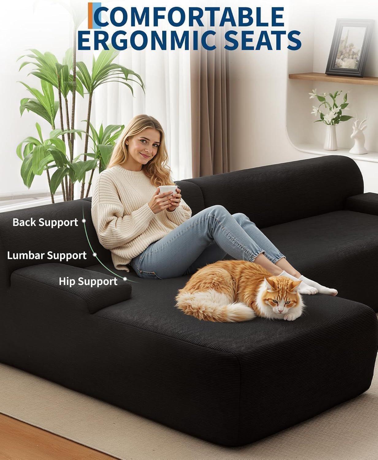 Oversized 108" Corduroy Cloud Sectional, Left-Facing Chaise Boneless Modular Sofa, Soft Deep Lounger for Living Room, No Assembly Needed