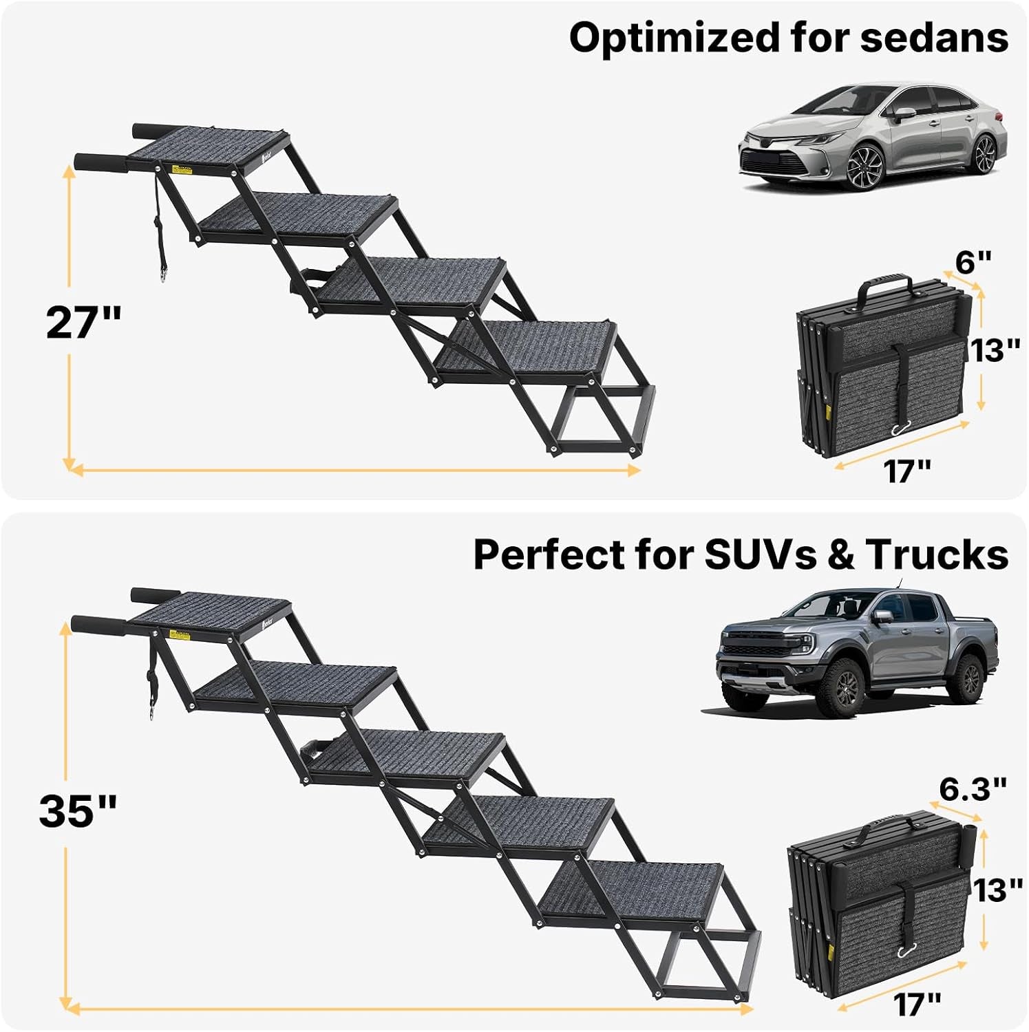 Graphic showing 4- and 5-step heights and folded footprint with black dog steps illustrated beside sedan and truck