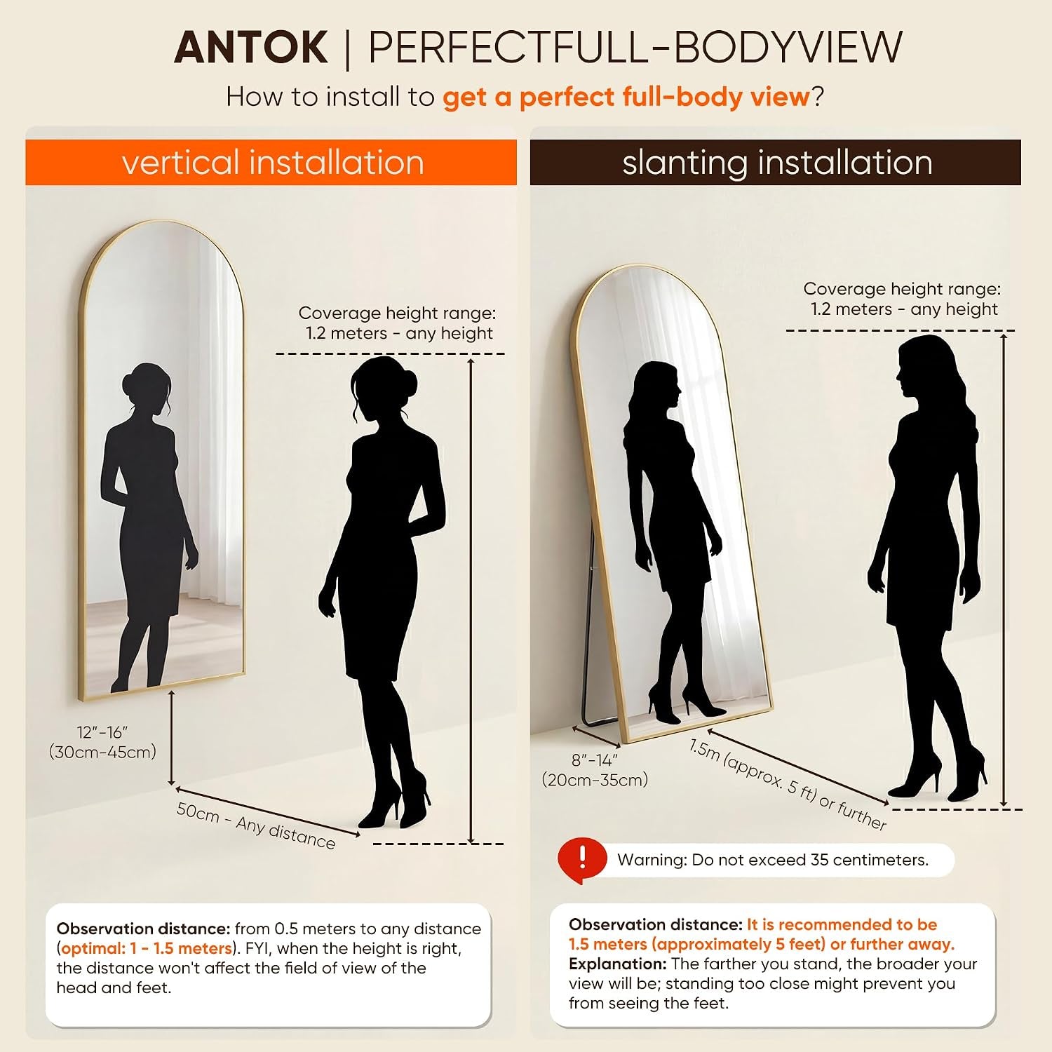 Split diagram showing vertical wall mounting and leaning installation options with human silhouettes.