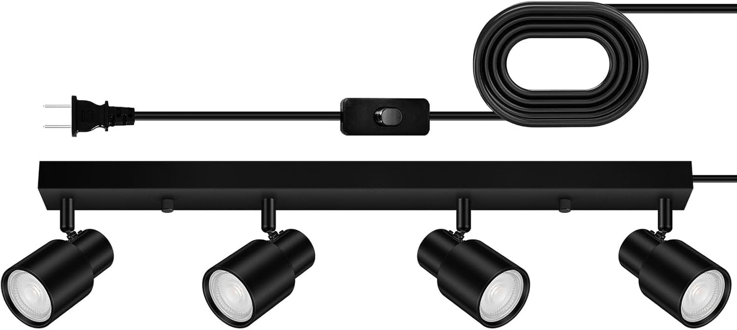 Matte black track bar with four adjustable black spotlight heads and black cord with inline switch