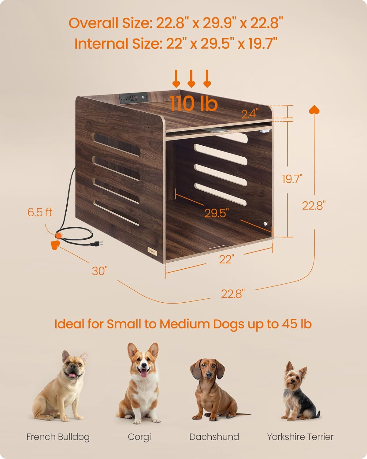 Illustration of the side table crate showing overall and internal dimensions and the 110 lb tabletop load capacity