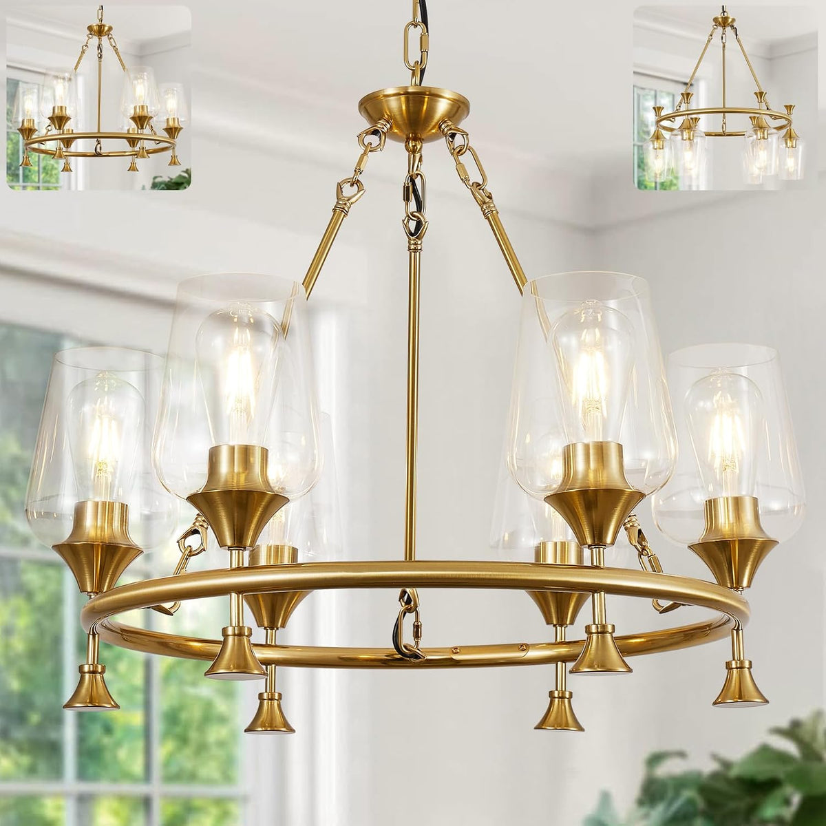 Close view of the chandelier in a gold finish showing clear shades, top chain, and two inset thumbnails of the full fixture.