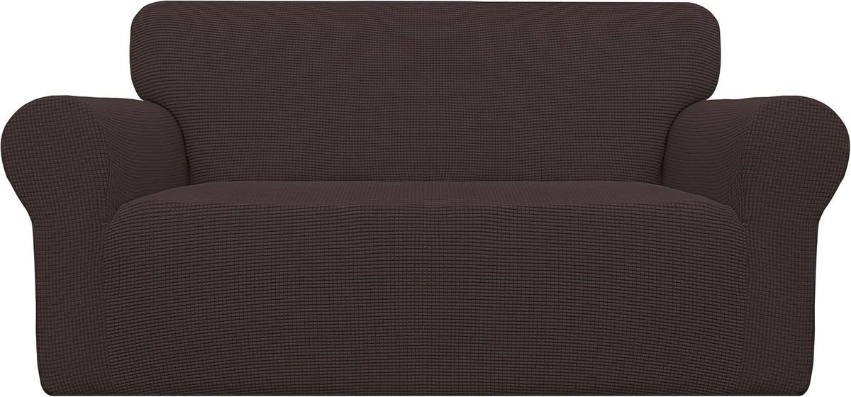 Front view of a two-cushion loveseat covered in a deep brown textured waffle-knit slipcover