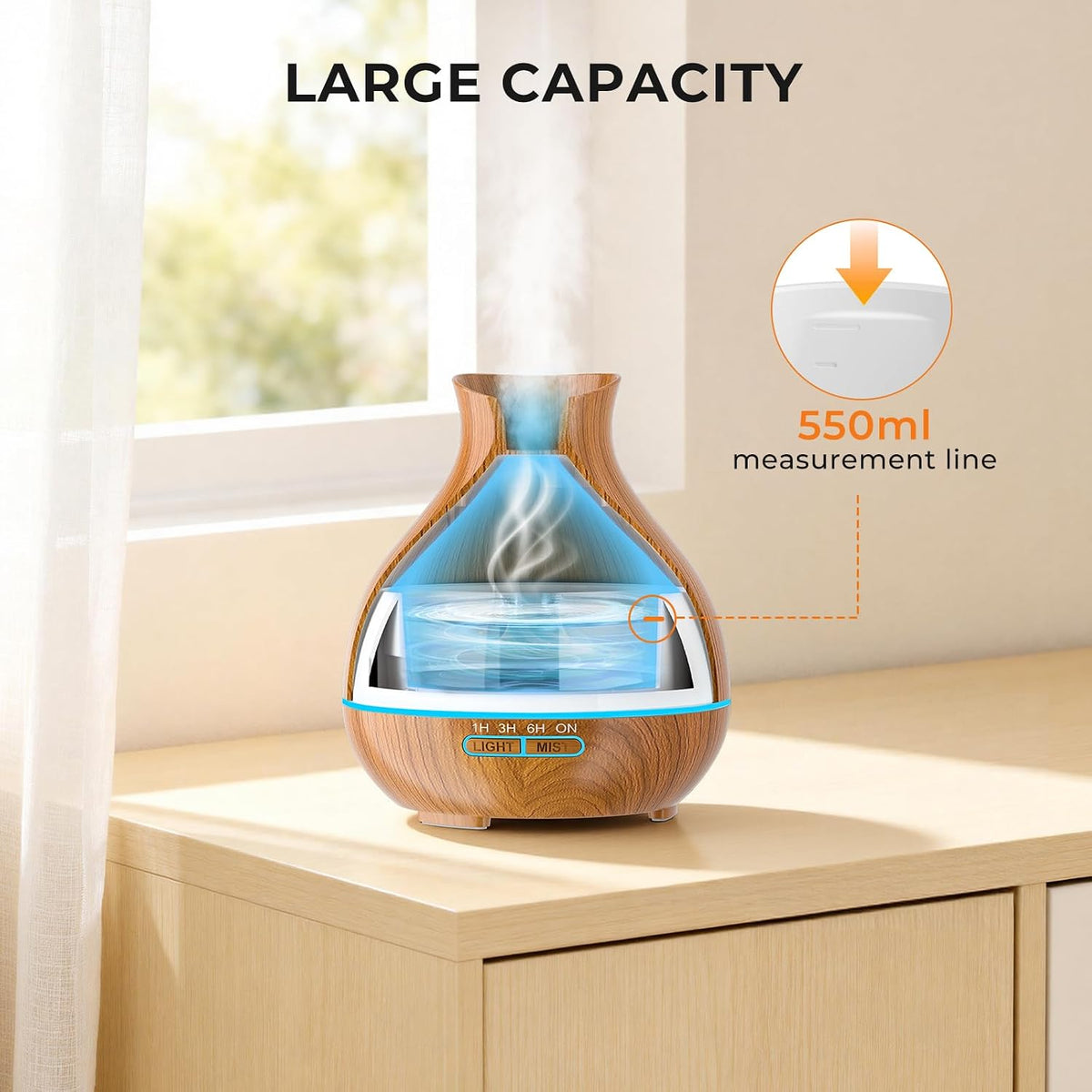 Wood-grain diffuser on a bedside table with mist rising and a cutaway view showing internal water level.