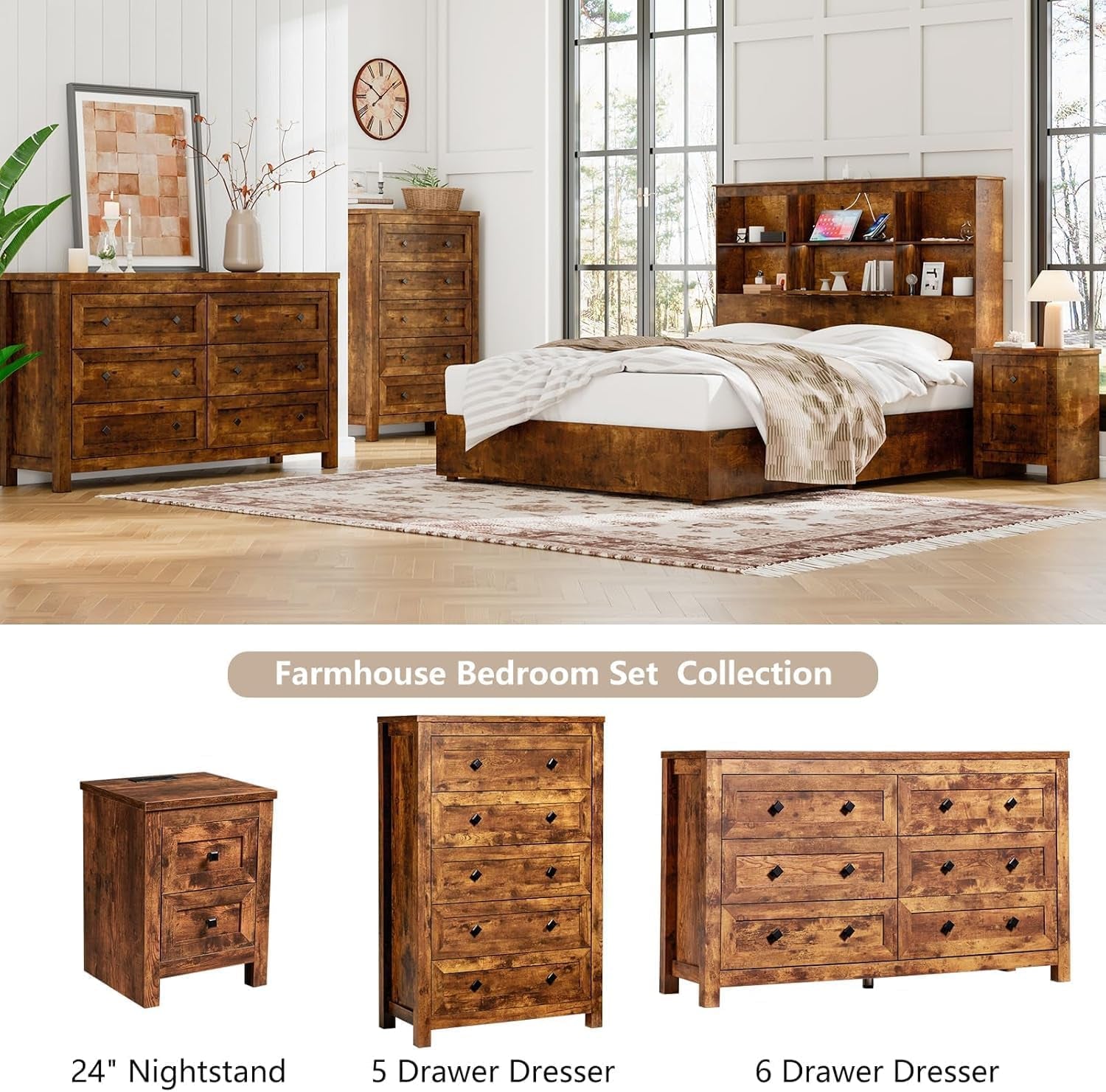 Staged bedroom with brown wood platform bed with bookcase headboard, matching 6-drawer dresser, tall chest and nightstand.
