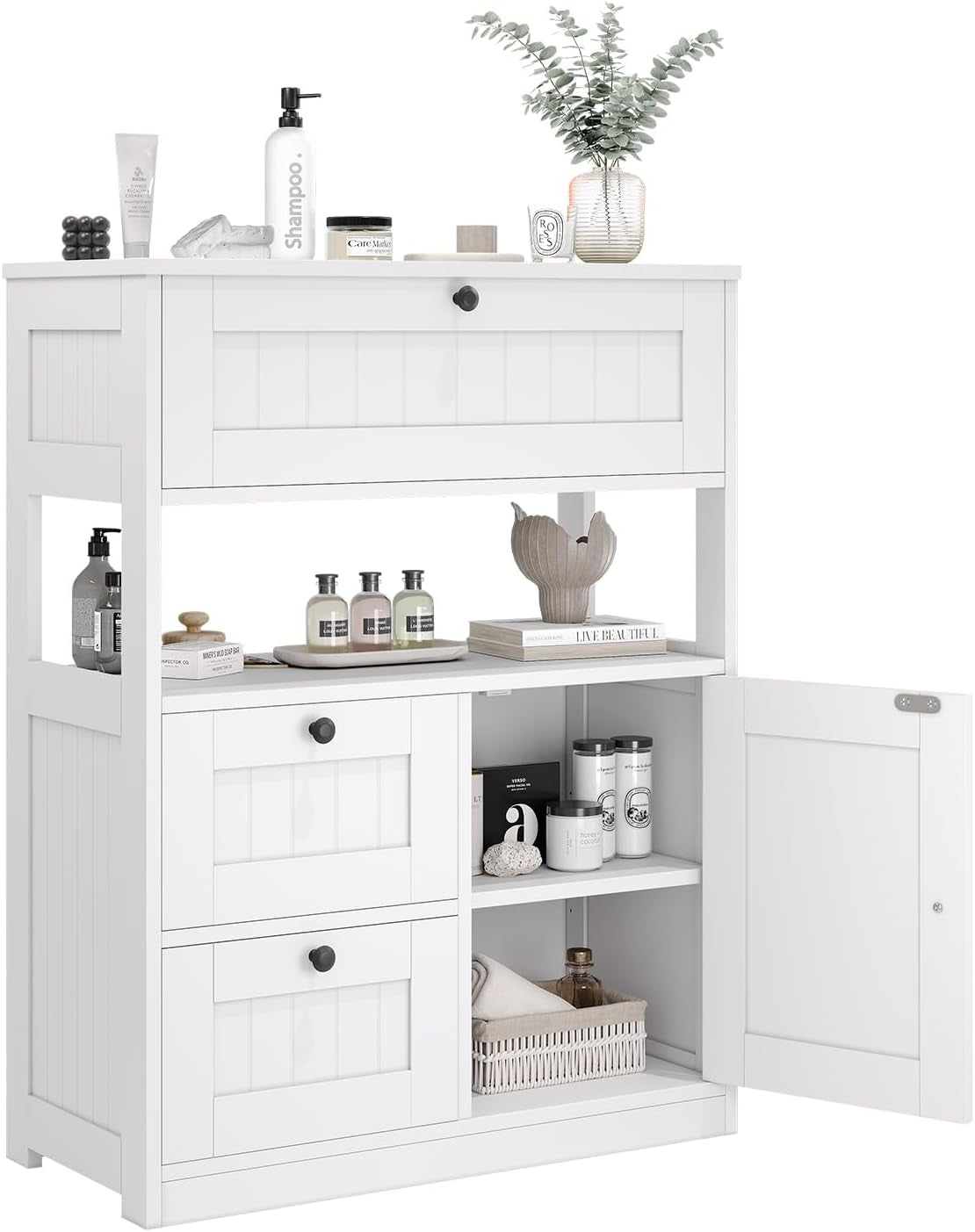 White beadboard bathroom storage cabinet front view with right door open and shelf items displayed