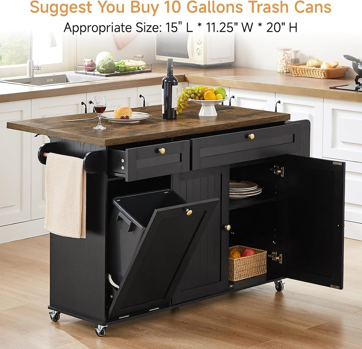 Angled view of the island with the trash compartment open, side towel rack visible and wood-look countertop