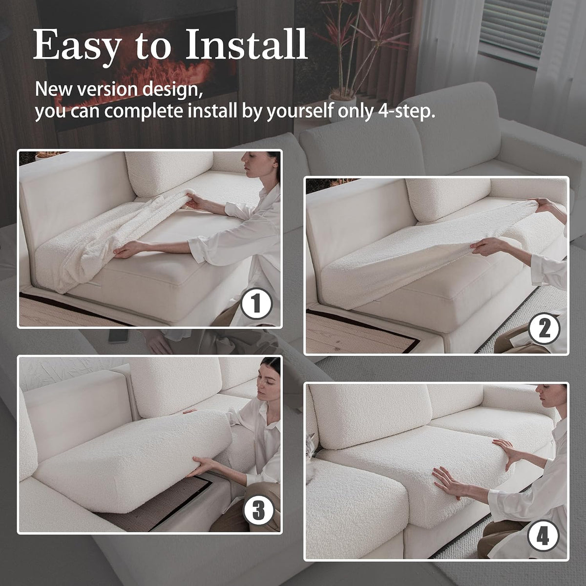 Four-panel collage showing hands pulling, fitting, and smoothing an ivory seat cushion cover in four numbered steps.