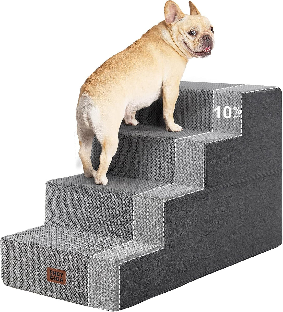 Dog on dark gray steps with dashed-outline callout highlighting one step