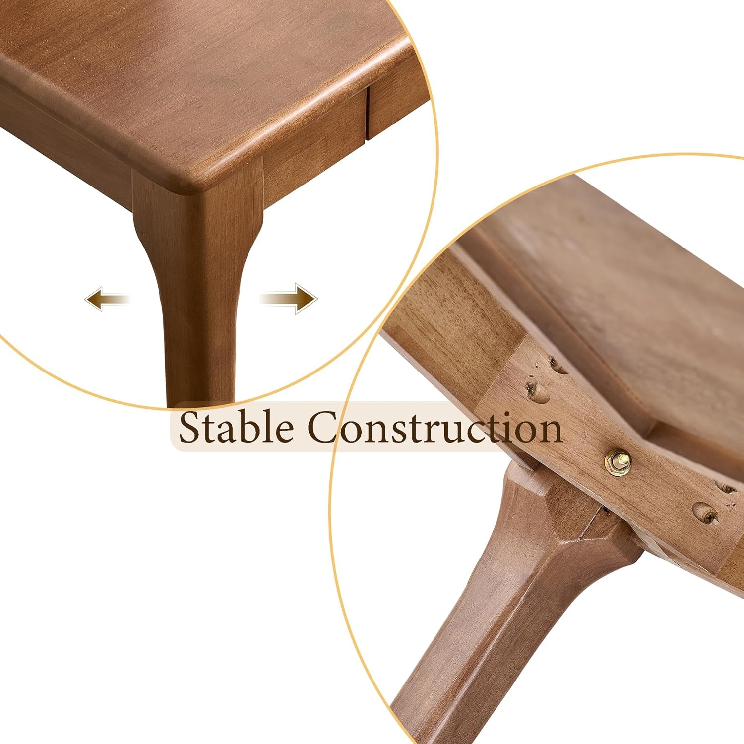 Underside and leg detail close-up showing thickened solid wood leg and hardware