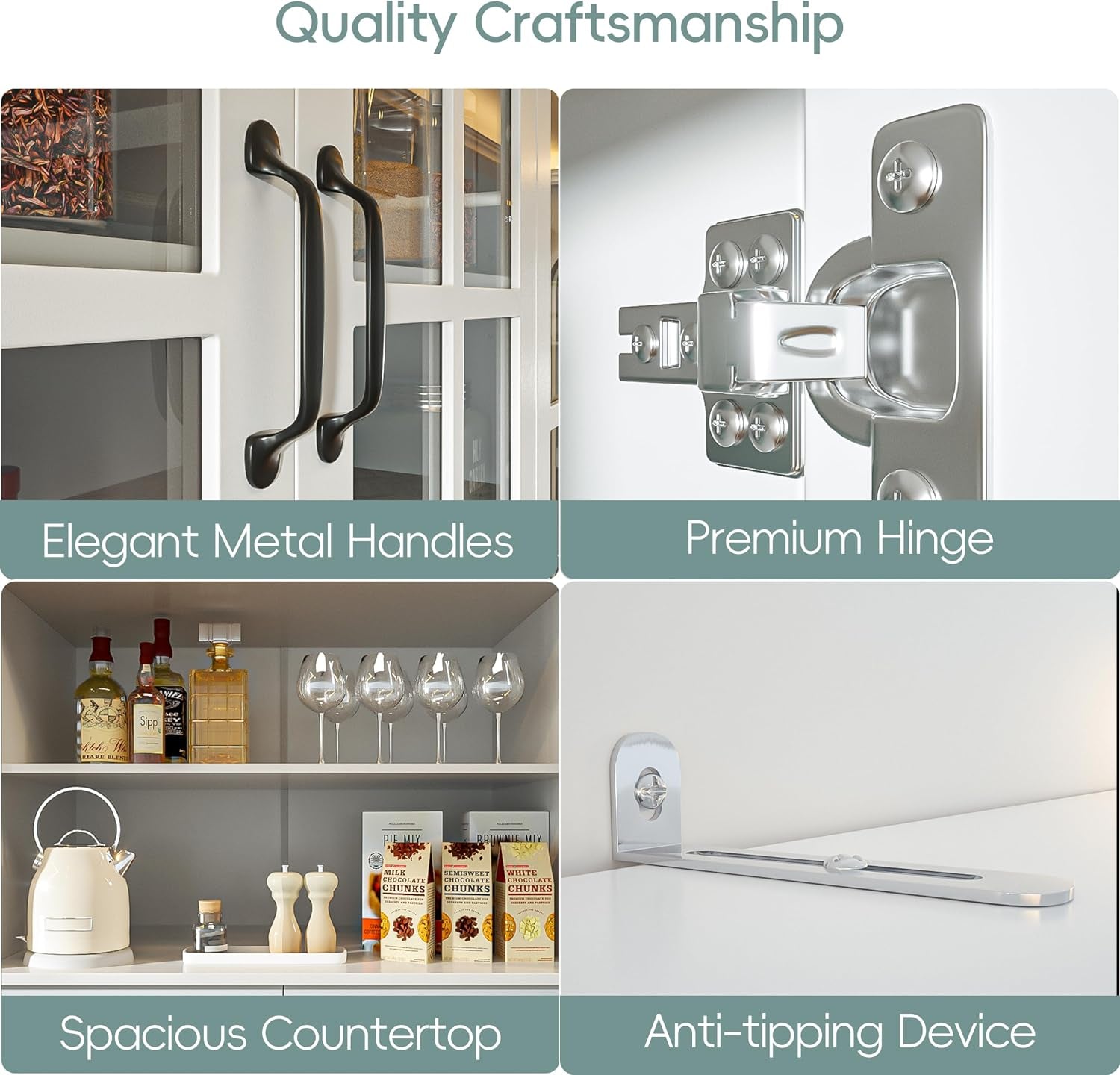 Close-up collage of metal handles, premium hinge, countertop surface and anti-tipping device