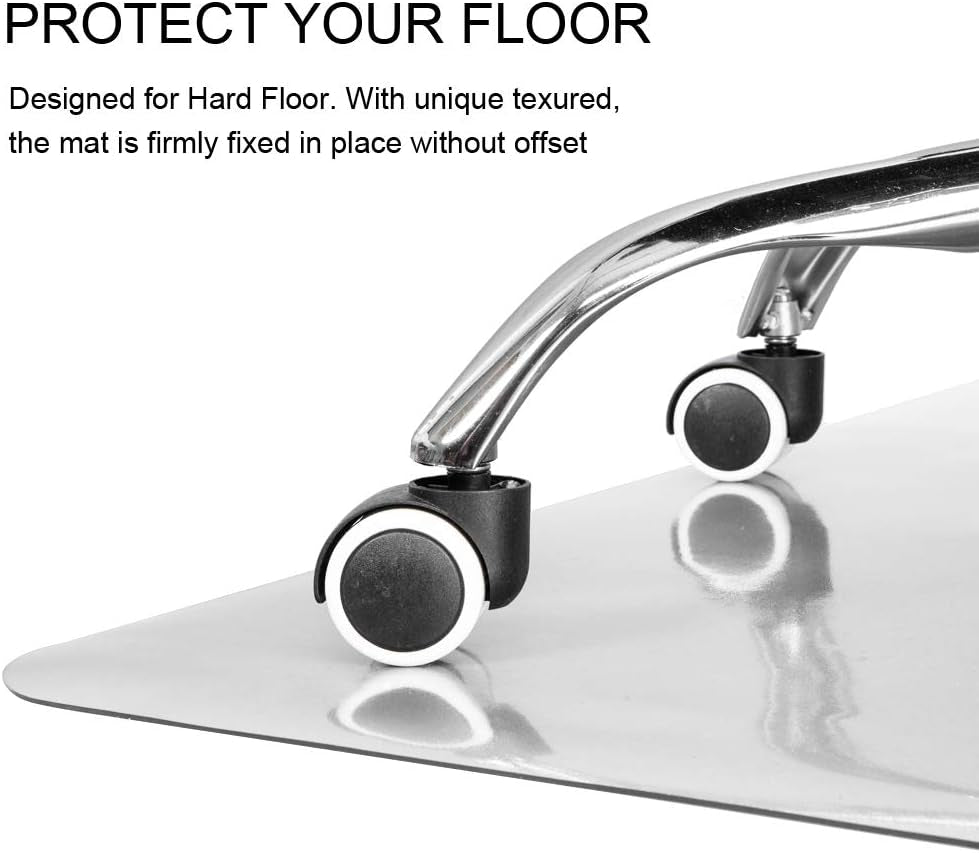 Close-up of a chair caster rolling on a transparent mat showing glossy surface and reflection