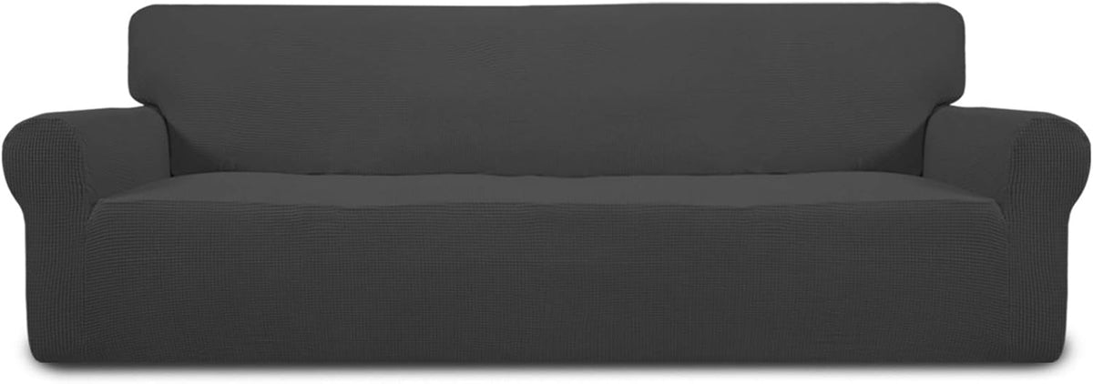Front-facing dark gray two-cushion loveseat fully covered by a fitted stretch slipcover on a white background.