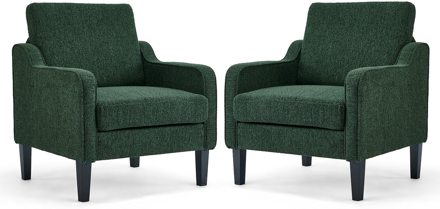 Two matching dark green upholstered accent chairs shown on a white background.