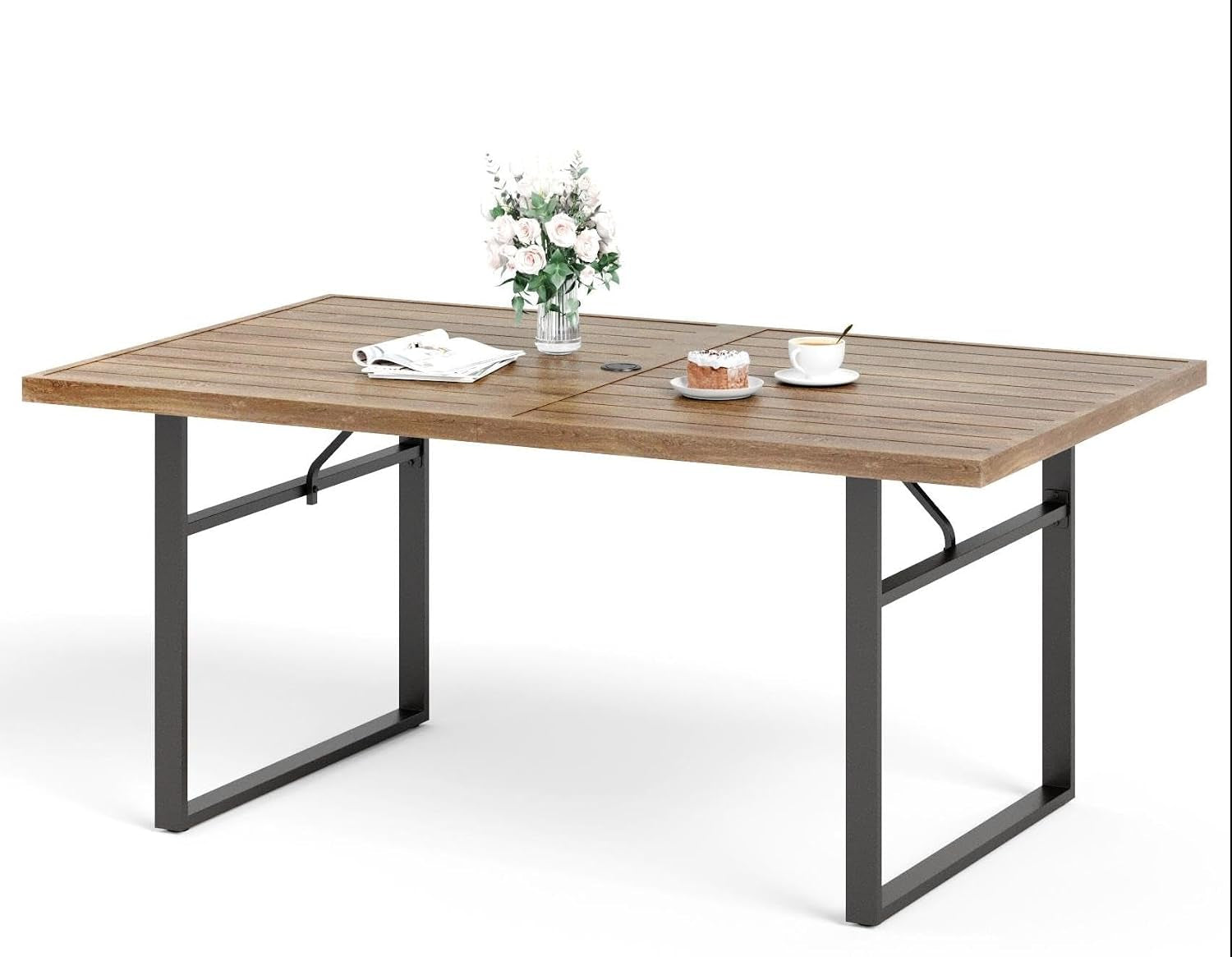 Rectangular wood-tone slatted outdoor table with central umbrella hole and dark metal rectangular legs.