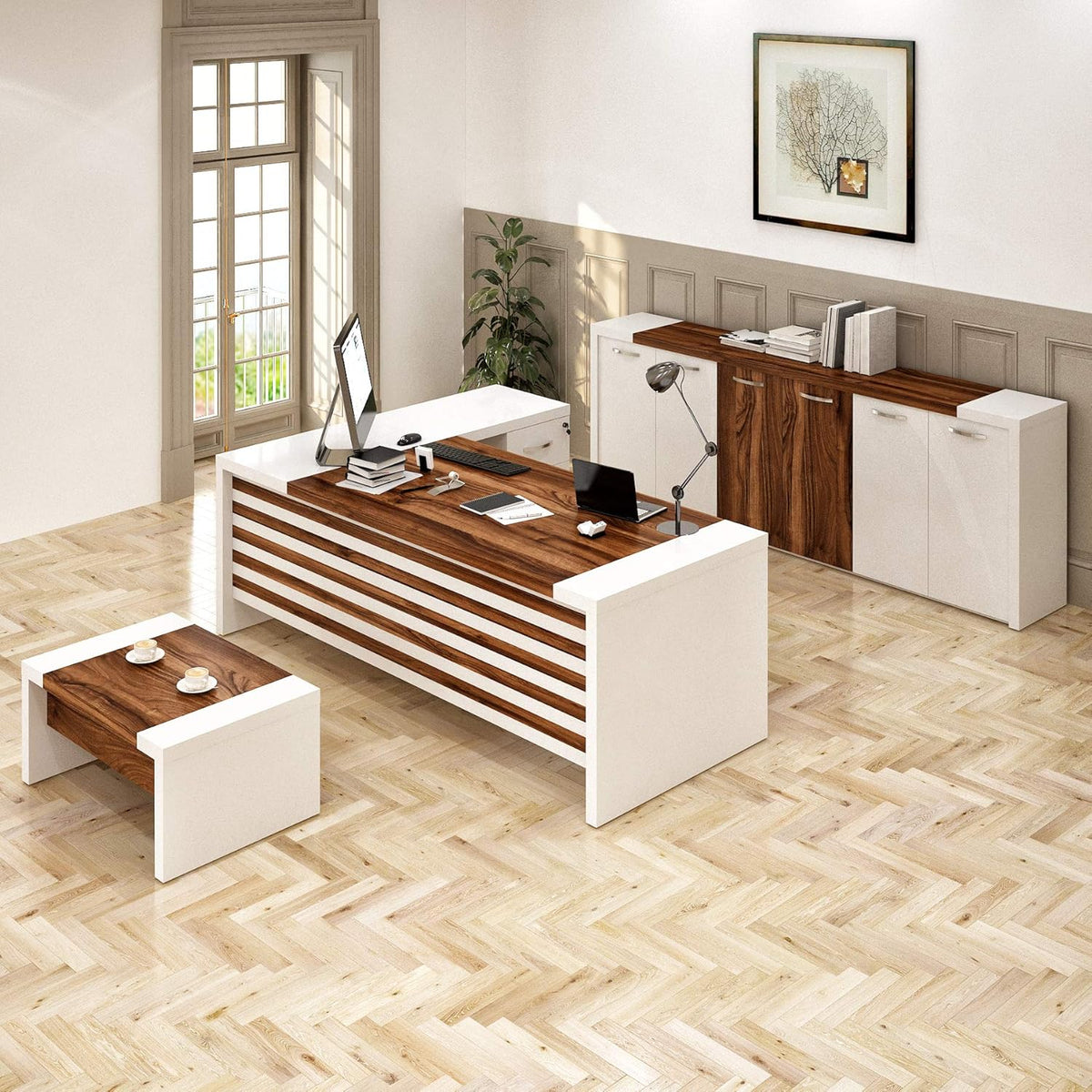 Right-side L-shaped executive desk with matching storage cabinet and coffee table in white and rustic brown, staged in a sun‑