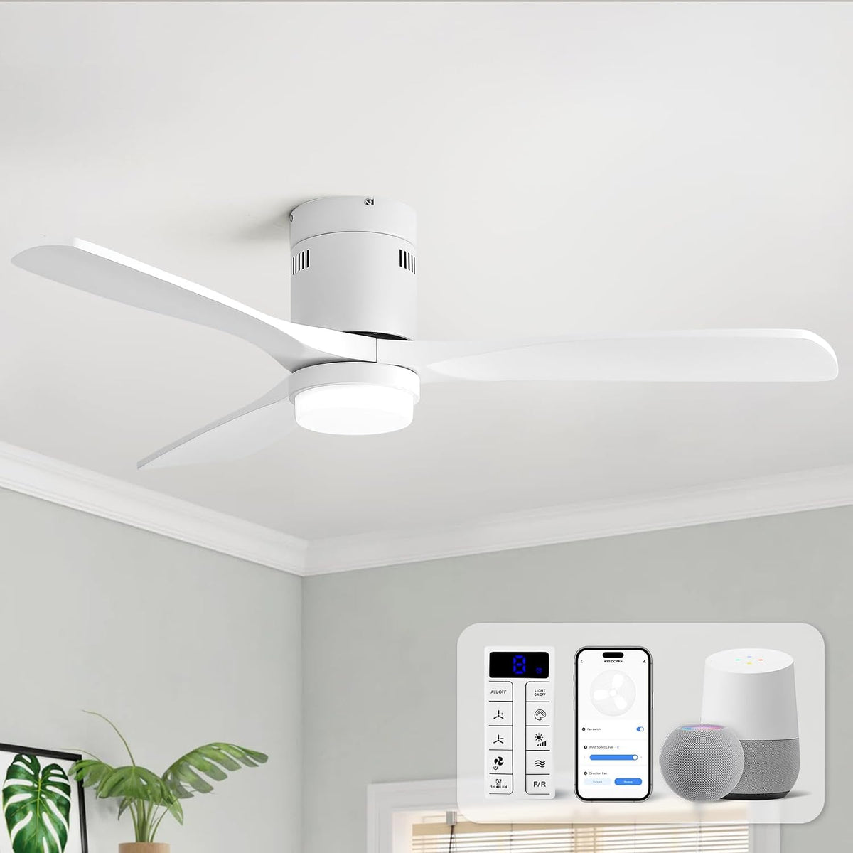 Minimal ceiling view of an all-white three-blade flush-mount fan with built-in light and smart remote accessories shown in