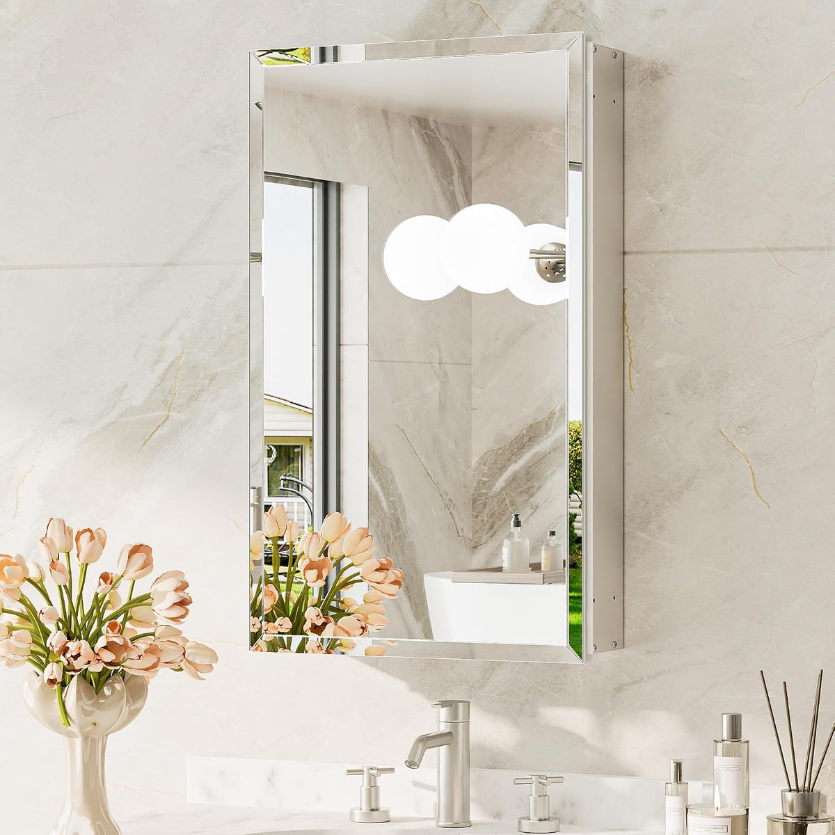 Angled view showing the cabinet depth and mirrored door reflecting bathroom fixtures