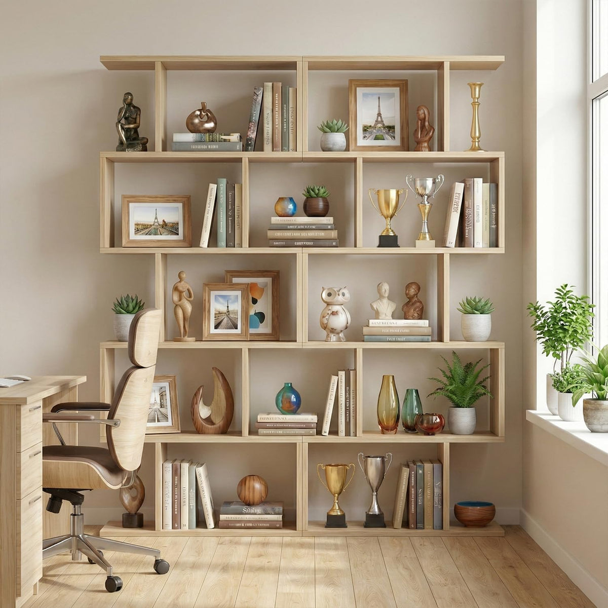 Light oak S-shaped five-tier bookshelf styled with books, vases, trophies and plants beside a desk and window