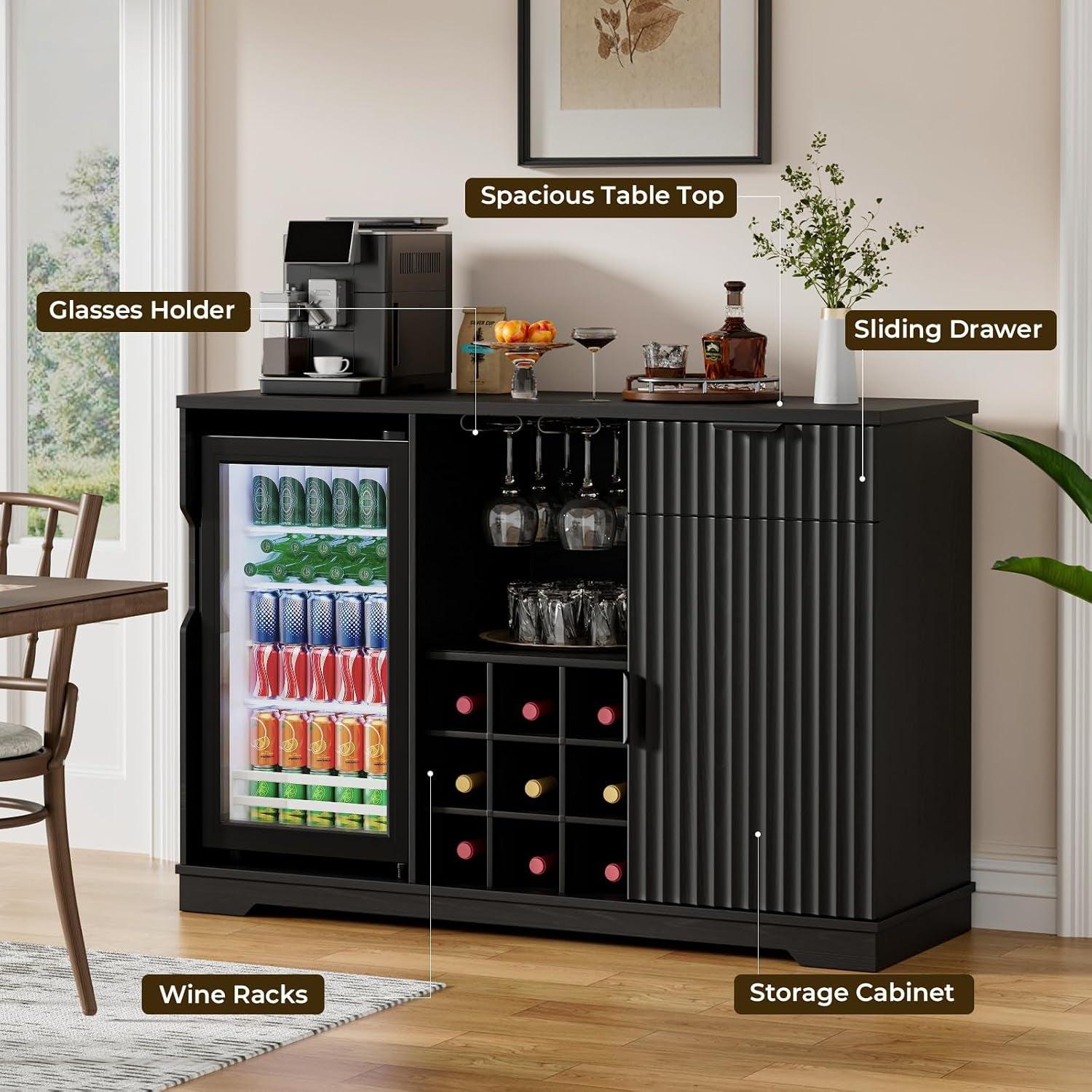 Lifestyle close showing the black cabinet with coffee machine, countertop accessories and labeled feature callouts